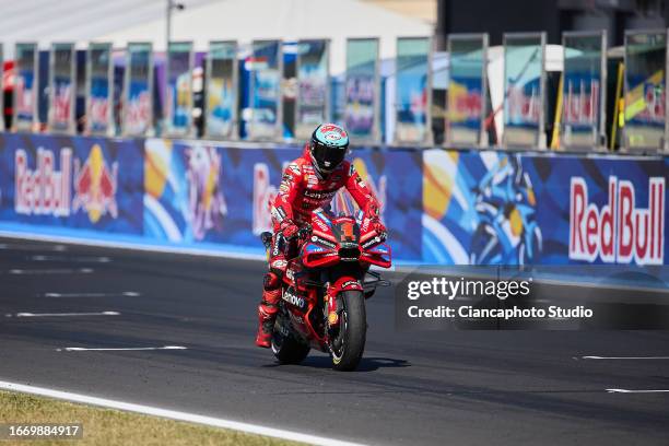 Francesco Bagnaia of Italy and Ducati Lenovo Team celebrates the second placeduring the Sprint Race of MotoGP Of San Marino at Misano World Circuit...