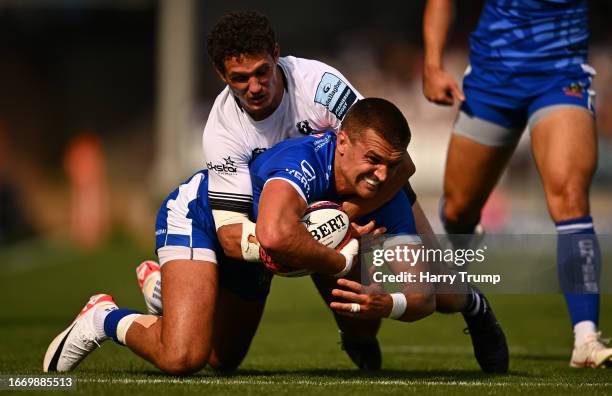 Henry Slade of Exeter Chiefs goes over to score their sides third try during the Premiership Rugby Cup match between Exeter Chiefs and Bristol Bears...