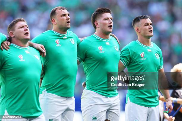 Johnny Sexton of Ireland lines up during the National Anthems with teammates prior to the Rugby World Cup France 2023 match between Ireland and...