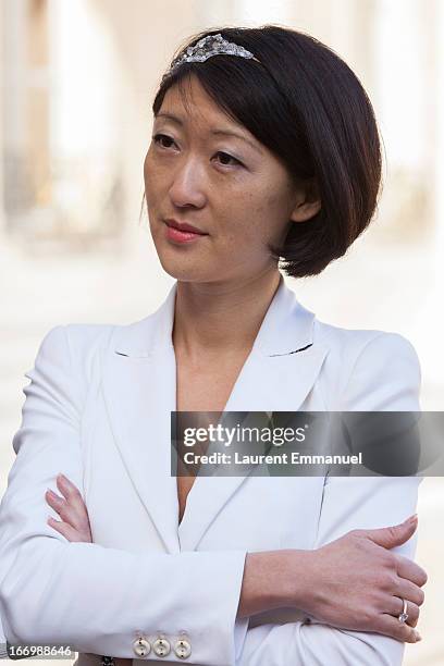 Junior Minister for Innovations and Digital Economy Fleur Pellerin looks on as she addresses reporters following her meeting with French President...