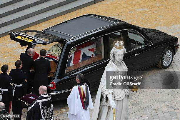 The coffin is placed in the hearse after the Ceremonial funeral of former British Prime Minister Baroness Thatcher at St Paul's Cathedral on April...