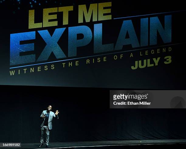 Comedian/actor Kevin Hart speaks during a Lionsgate Motion Picture Group presentation to promote the upcoming film "Let Me Explain" at The Colosseum...