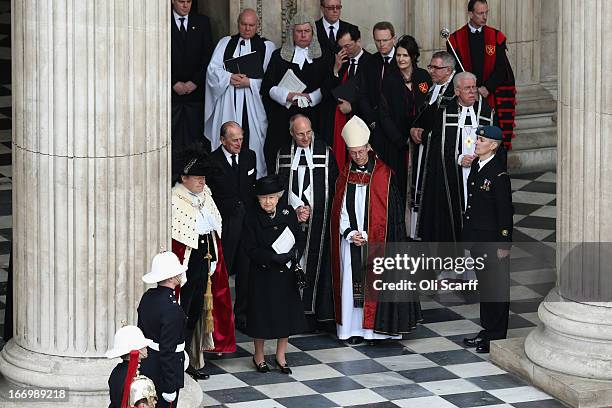 Queen Elizabeth II and Prince Philip, Duke of Edinburgh leave the Ceremonial funeral of former British Prime Minister Baroness Thatcher at St Paul's...