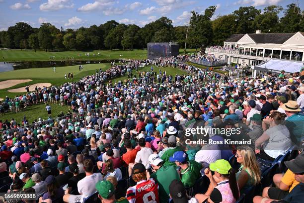 General view as Rory McIlroy of Northern Ireland, Adrian Meronk of Poland and Thomas Detry of Belgium play the 18th green during Day Three of the...