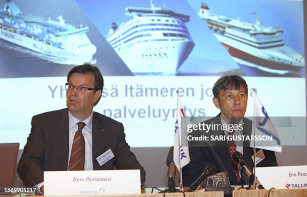 Finnish ferry company Silja Line CEO Antti Pankakoski and chairman of the Management Board of the Estonian Tallink Grupp, Enn Pant give a press...