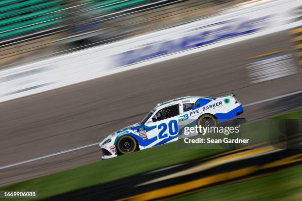 John Hunter Nemechek, driver of the Pye Barker Fire & Safety Toyota, drives during practice for the NASCAR Xfinity Series Kansas Lottery 300 at...