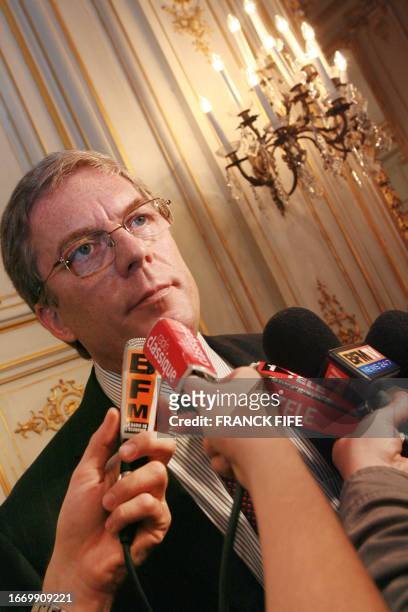 Roland Potez, CEO of Podez Aeronautique and president of the aero PME comity answers journalists questions after a meeting between French Transports...