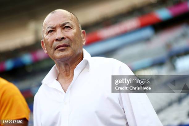 Eddie Jones, Head Coach of Australia, arrives prior to the Rugby World Cup France 2023 match between Australia and Georgia at Stade de France on...