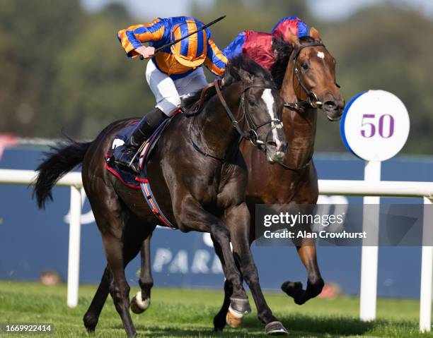 Ryan Moore riding Auguste Rodin win The Royal Bahrain Irish Champion Stakes from Seamie Heffernan and Luxembourg at Leopardstown Racecourse on...