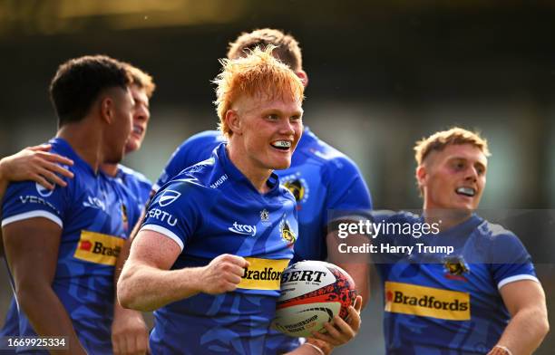Ben Hammersley of Exeter Chiefs celebrates their sides seventh try during the Premiership Rugby Cup match between Exeter Chiefs and Bristol Bears at...