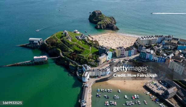 An aerial view of Tenby Harbour and Castle beach as Wales enjoys an Indian summer on September 09, 2023 in Tenby, Wales.