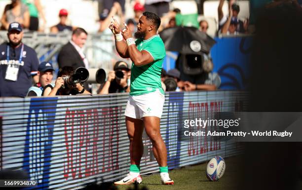 Bundee Aki of Ireland gestures as he celebrates victory at full-time following the Rugby World Cup France 2023 match between Ireland and Romania at...