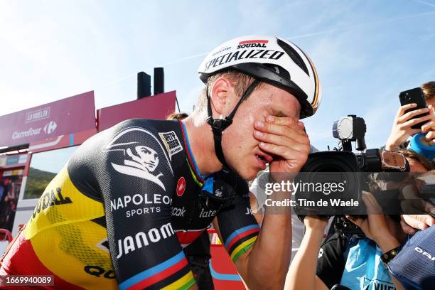 Stage winner Remco Evenepoel of Belgium and Team Soudal - Quick Step reacts after the 78th Tour of Spain 2023, Stage 14 a 156.2km stage from...