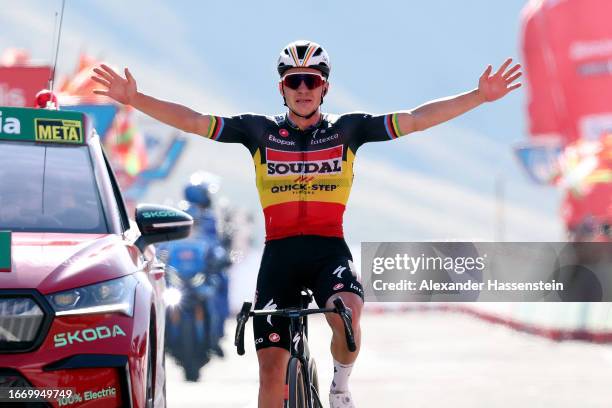 Remco Evenepoel of Belgium and Team Soudal - Quick Step celebrates at finish line as stage winner during the 78th Tour of Spain 2023, Stage 14 a...