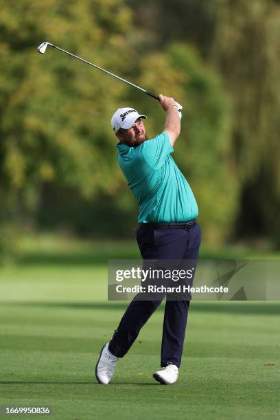 Shane Lowry of Ireland plays his second shot on the 16th hole during Day Three of the Horizon Irish Open at The K Club on September 09, 2023 in...