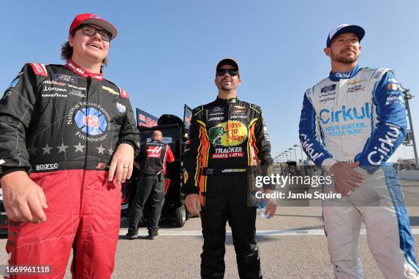 Sheldon Creed, driver of the Whelen/NFFF Chevrolet, Josh Berry, driver of the Bass Pro Shops/TRACKER Boats Chevrolet, and Daniel Hemric, driver of...