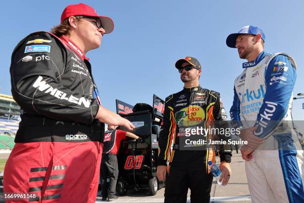 Sheldon Creed, driver of the Whelen/NFFF Chevrolet, Josh Berry, driver of the Bass Pro Shops/TRACKER Boats Chevrolet, and Daniel Hemric, driver of...