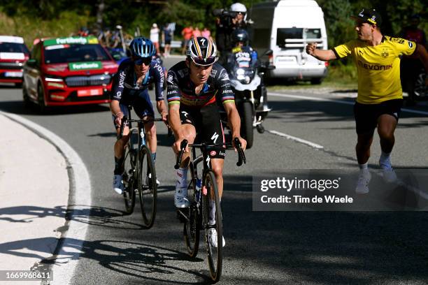 Romain Bardet of France and Team DSM - Firmenich and Remco Evenepoel of Belgium and Team Soudal - Quick Step compete in the breakaway during the 78th...