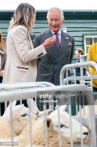 King Charles III visits the livestock shed during a visit to officially open the MacRobert Farming and Rural Skills Centre at Dumfries House on...