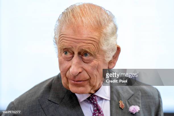 King Charles III arrives to officially open the MacRobert Farming and Rural Skills Centre at Dumfries House on September 16, 2023 in Cumnock,...