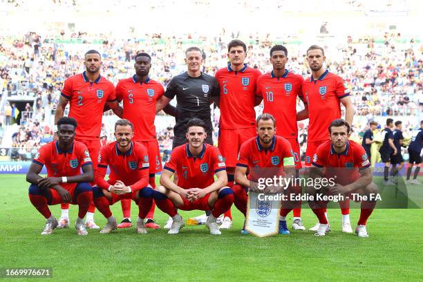 Players of England pose for a team photo prior to the UEFA EURO 2024 European qualifier match between Ukraine and England at Stadion Wroclaw on...