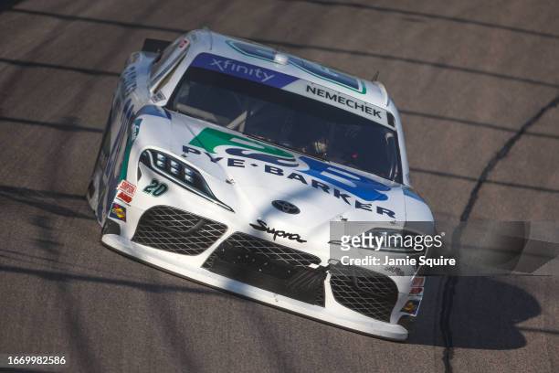 John Hunter Nemechek, driver of the Pye Barker Fire & Safety Toyota, drives during qualifying for the NASCAR Xfinity Series Kansas Lottery 300 at...