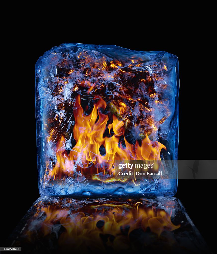 Block of ice with fire inside