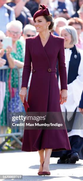 Catherine, Princess of Wales attends a service to commemorate the life of Her Late Majesty Queen Elizabeth II at St Davids Cathedral on September 8,...
