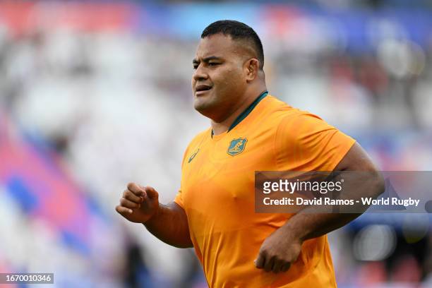 Taniela Tupou of Australia looks on prior to the Rugby World Cup France 2023 match between Australia and Georgia at Stade de France on September 09,...
