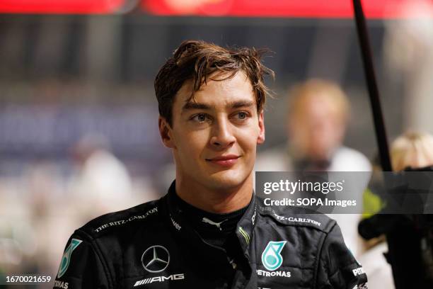 George Russell of Great Britain and Mercedes-AMG PETRONAS Formula One Team after after qualifying ahead of the F1 Grand Prix of Singapore at the...