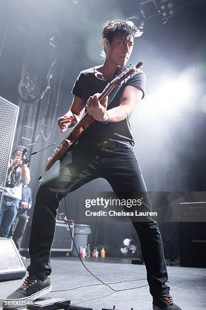 Guitarist Nick Tsang of Modestep performs at Club Nokia on April 18, 2013 in Los Angeles, California.