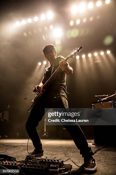 Guitarist Nick Tsang of Modestep performs at Club Nokia on April 18, 2013 in Los Angeles, California.