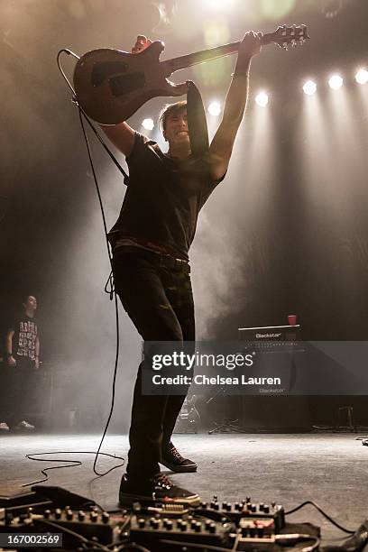 Guitarist Nick Tsang of Modestep performs at Club Nokia on April 18, 2013 in Los Angeles, California.