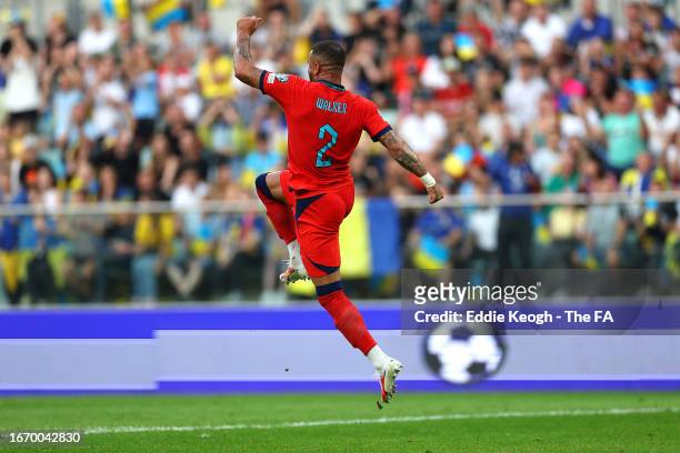 Kyle Walker of England celebrates after scoring the team's first goal during the UEFA EURO 2024 European qualifier match between Ukraine and England...