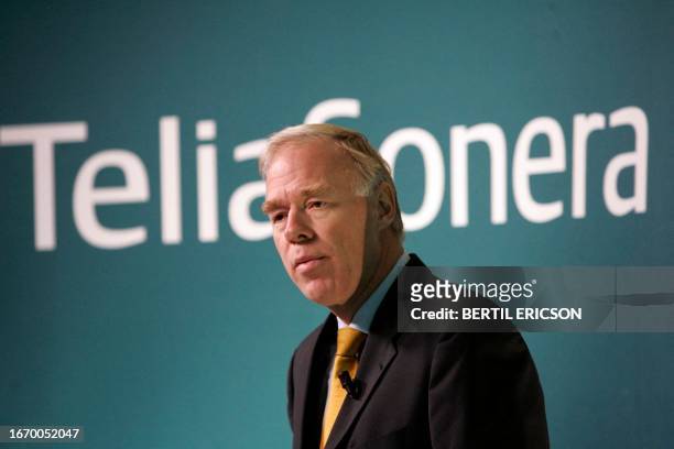 Anders Igel, CEO of Swedish and Finnish telecommunication company TeliaSonera Corp, presents the third-quarter report during a press conference in...