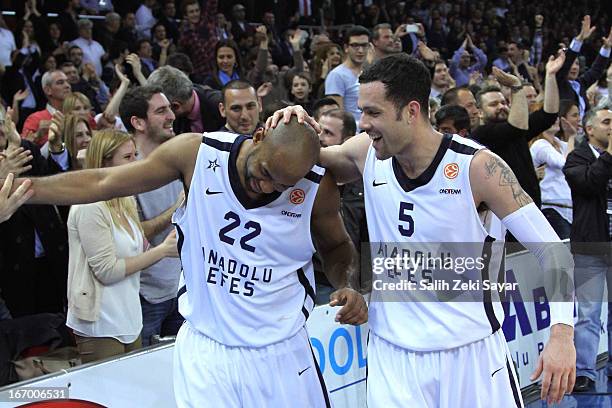 Jamon Lucas and Jordan Farmar of Anadolu Efes celebrate their win after the Turkish Airlines Euroleague 2012-2013 Play Offs game 4 between Anadolu...