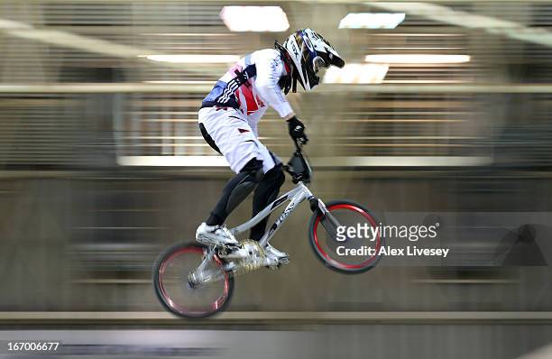 Liam Phillips of Great Britain takes the first jump during his victory in the Men's Elite Time trials Superfinal at the UCI BMX Supercross World Cup...