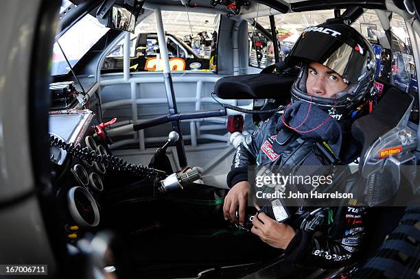 Darrell Wallace Jr., driver of the LibertyTireRecycling/Ground SmartRubber Toyota, prepares to drive during practice for the NASCAR Camping World...