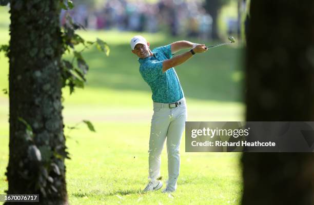 Rory McIlroy of Northern Ireland plays around a tree on the 2nd during Day Three of the Horizon Irish Open at The K Club on September 09, 2023 in...