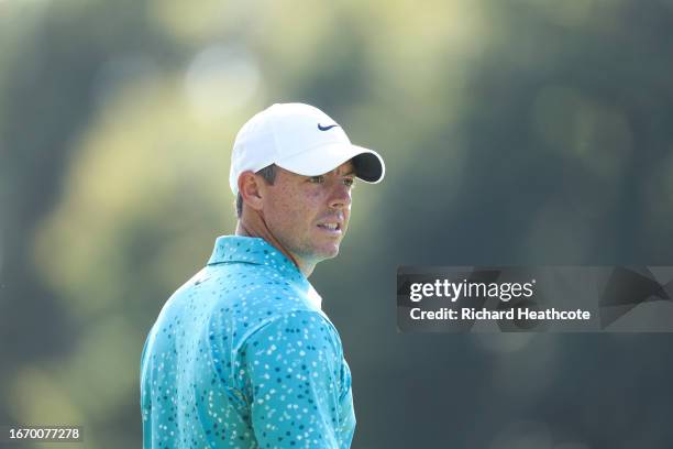 Rory McIlroy of Northern Ireland looks down the 4th hole during Day Three of the Horizon Irish Open at The K Club on September 09, 2023 in Straffan,...