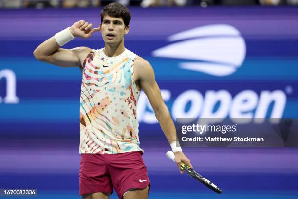 Carlos Alcaraz of Spain celebrates a point against Daniil Medvedev of Russia during their Men's Singles Semifinal match on Day Twelve of the 2023 US...