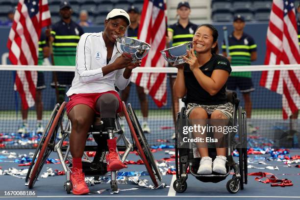 Kgothatso Montjane of South Africa and Yui Kamiji of Japan celebrate after defeating Diede De Groot of Netherlands and Jiske Griffioen of Netherlands...