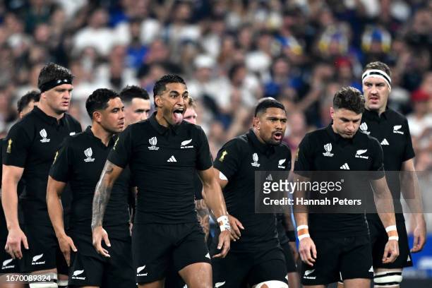 Rieko Ioane of the All Blacks prepares to perform the haka ahead of the Rugby World Cup France 2023 match between France and New Zealand at Stade de...