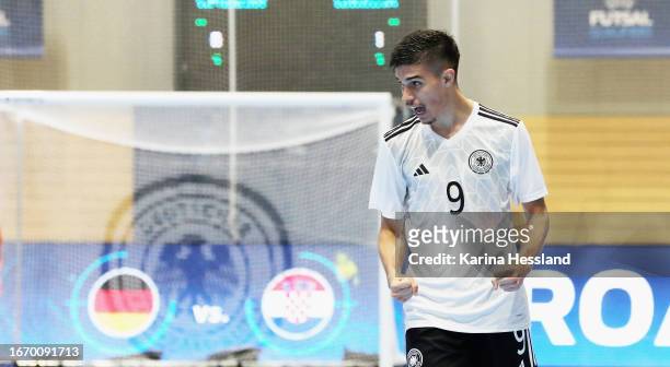 Rodriguez Luis Guilherme Drees of Germany celebrates the goal during the Futsal World Championship Qualifier between Germany and Croatia at...
