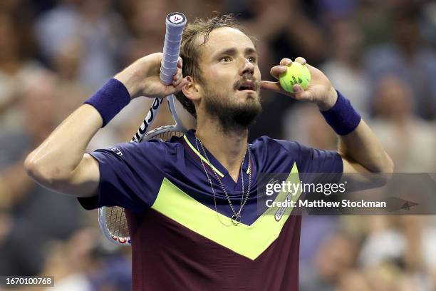 Daniil Medvedev of Russia celebrates after defeating Carlos Alcaraz of Spain during their Men's Singles Semifinal match on Day Twelve of the 2023 US...