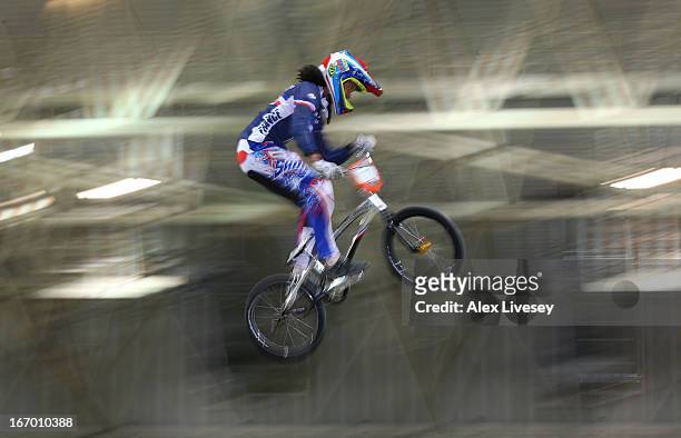 Manon Valentino of France takes the first jump during the Women's Elite Time trials Superfinal in the UCI BMX Supercross World Cup at National...
