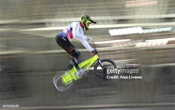 Tre Whyte of Great Britain takes the first jump during the Men's Elite Time trials Superfinal in the UCI BMX Supercross World Cup at National Cycling...