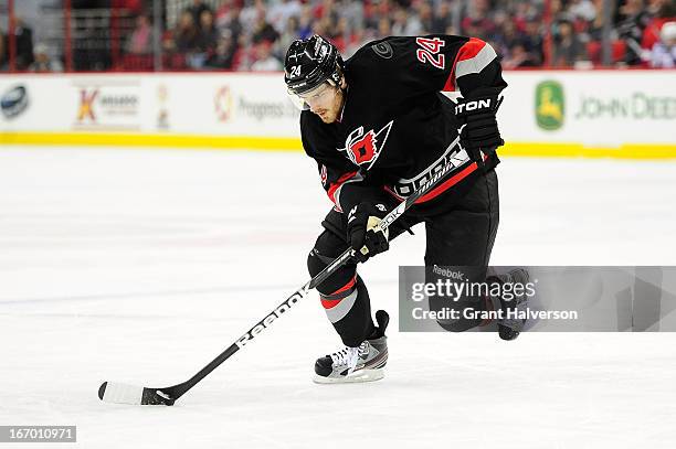 Bobby Sanguinetti of the Carolina Hurricanes during play against the New York Rangers at PNC Arena on April 6, 2013 in Raleigh, North Carolina. The...