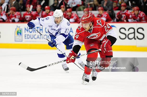 Bobby Sanguinetti of the Carolina Hurricanes during play against the Tampa Bay Lightning at PNC Arena on April 4, 2013 in Raleigh, North Carolina....