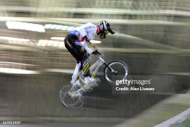 Kyle Evans of Great Britain takes the first jump during the Men's Elite Time trials Superfinal in the UCI BMX Supercross World Cup at National...